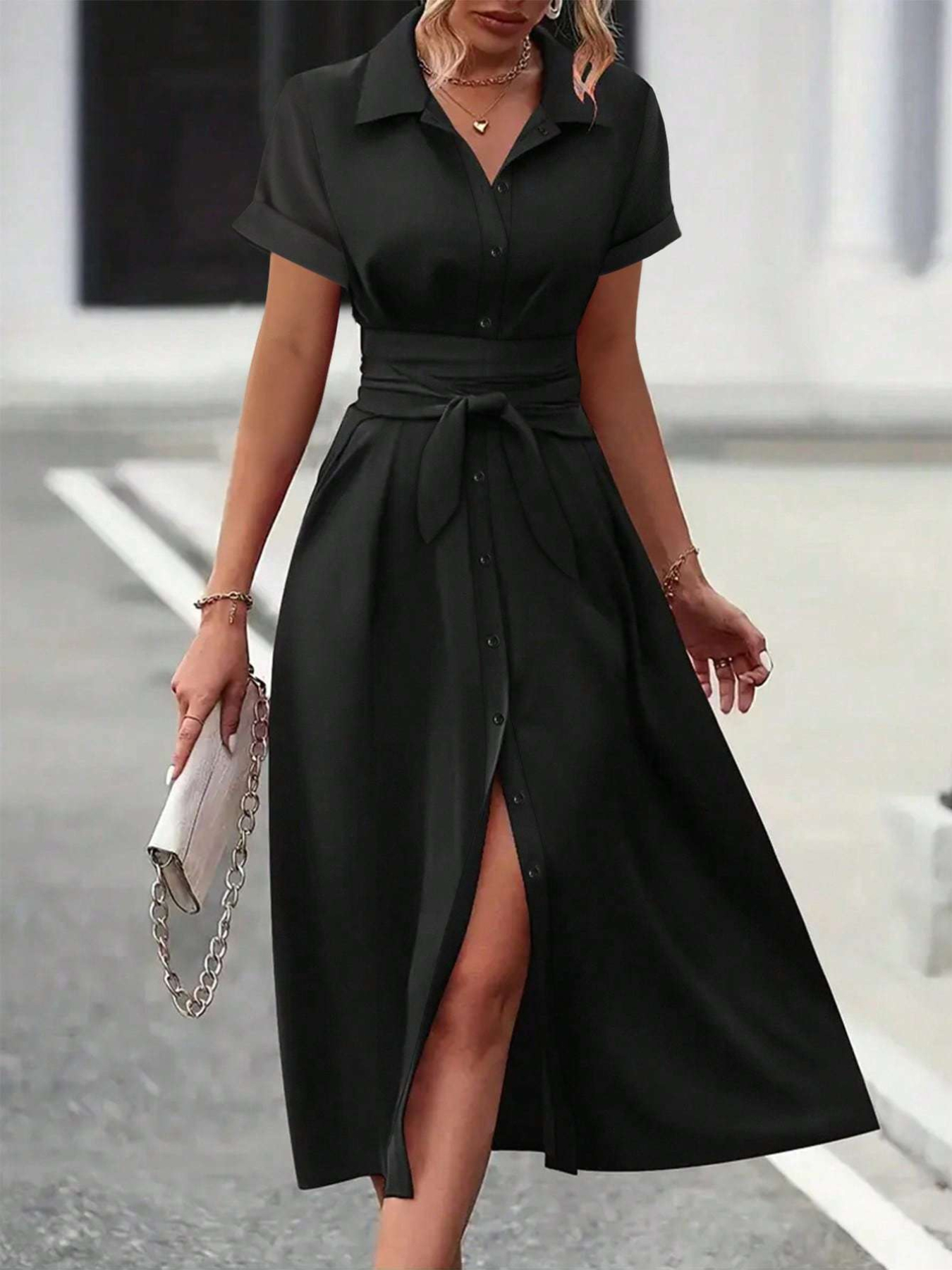 Button Down Belted Midi Shirt Dress