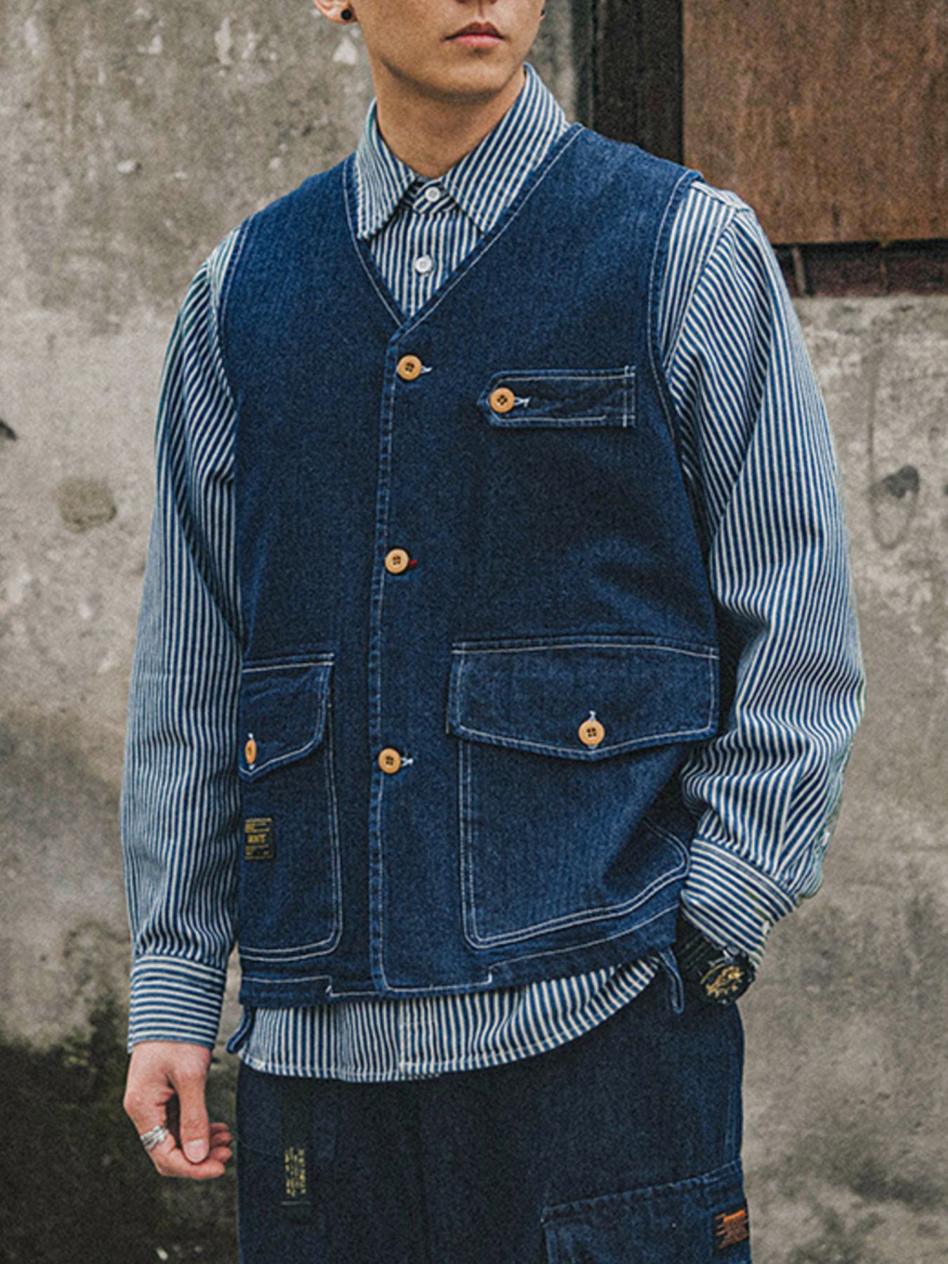 Men's Plus Size V-Neck Button Up Denim Vest