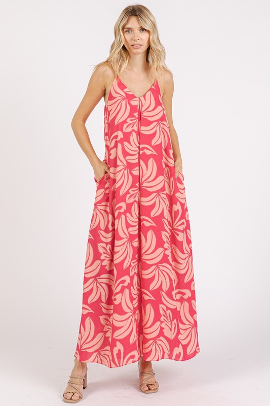 Printed V-Neck Maxi Cami Dress with Pockets