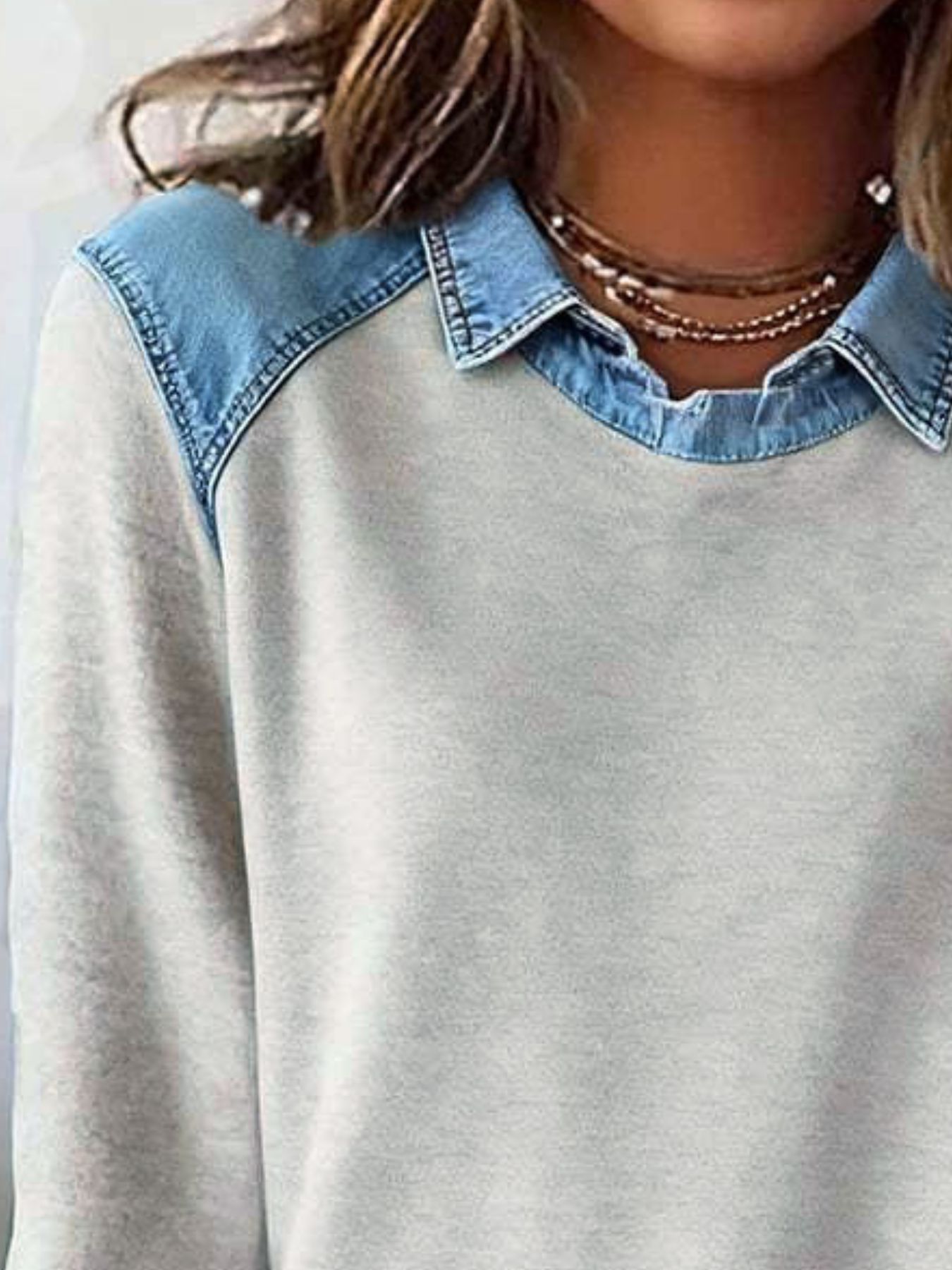 Full Size Denim Trim Long Sleeve Top Plus Size view 6
