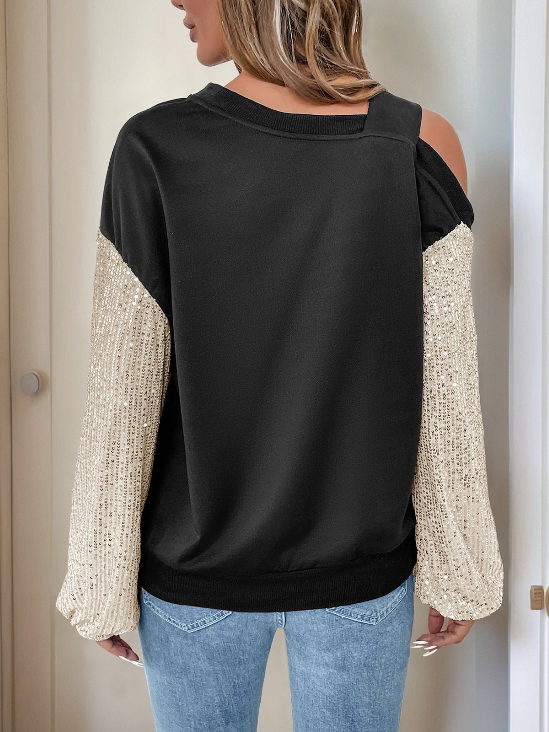 Sequin Asymmetrical Neck Long Sleeve Sweatshirt