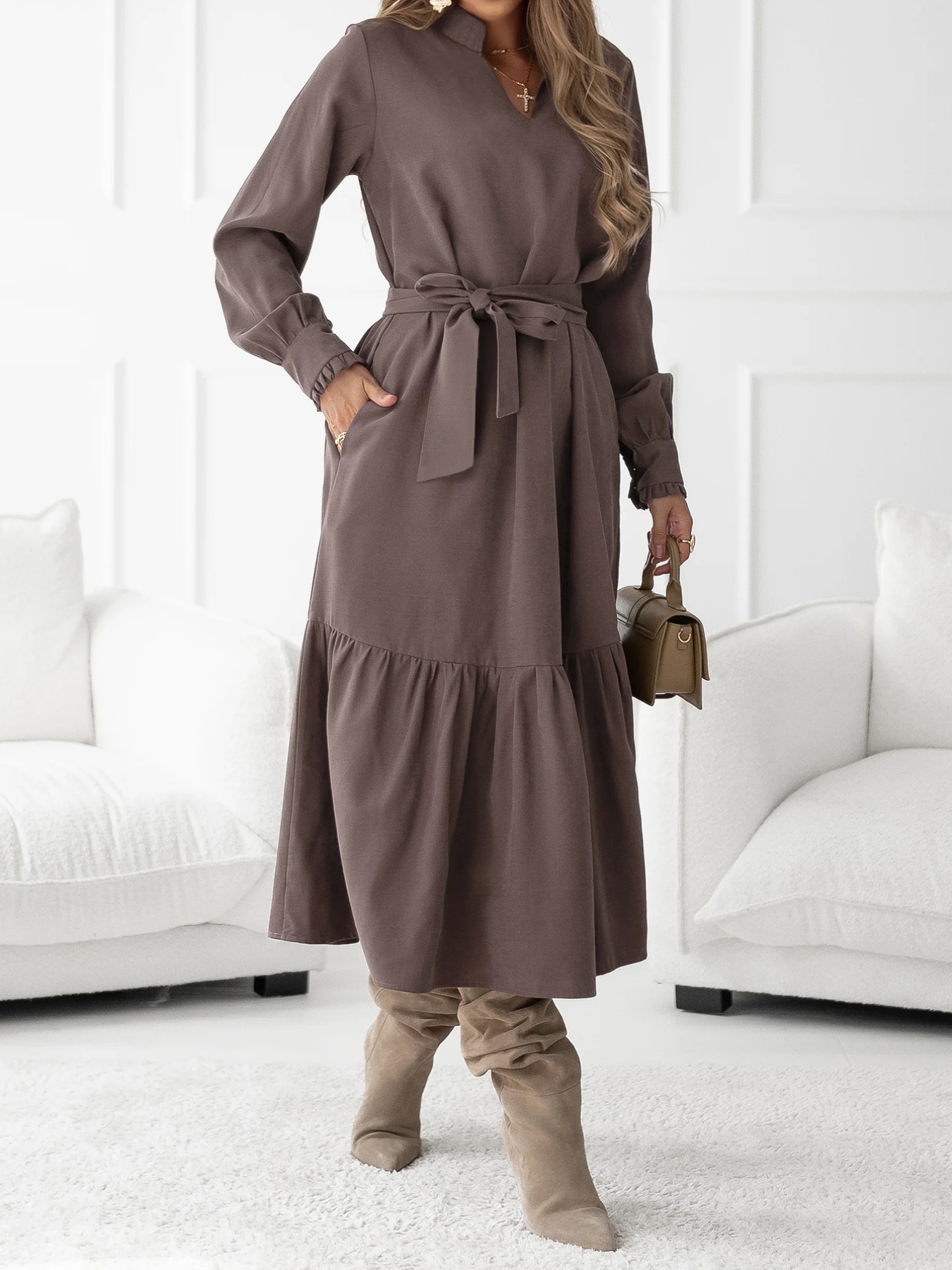Long Sleeve Tie Waist Ruffle Hem Midi Dress