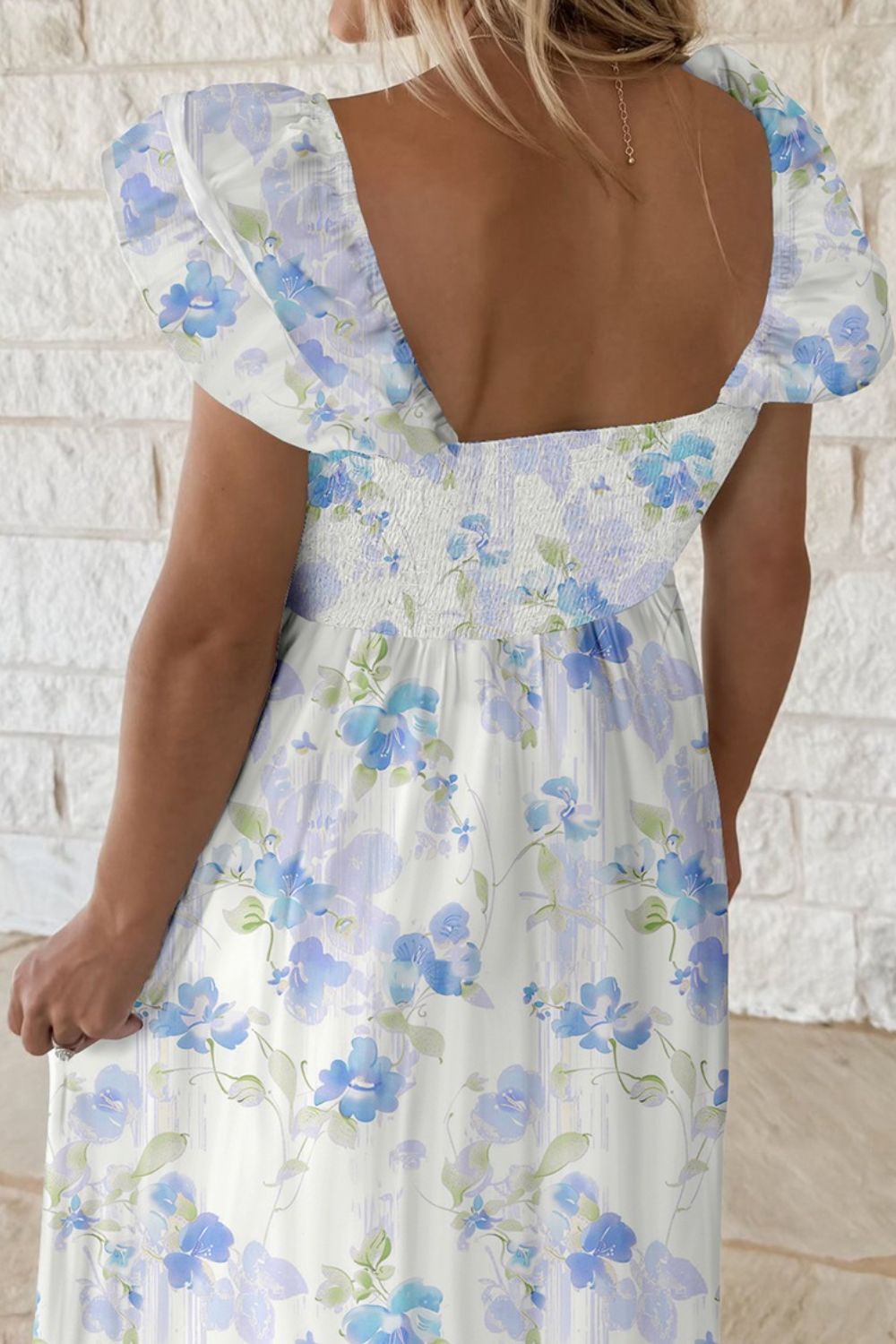 Floral Smocked High Waist Double Ruffle Sleeveless Long Dress