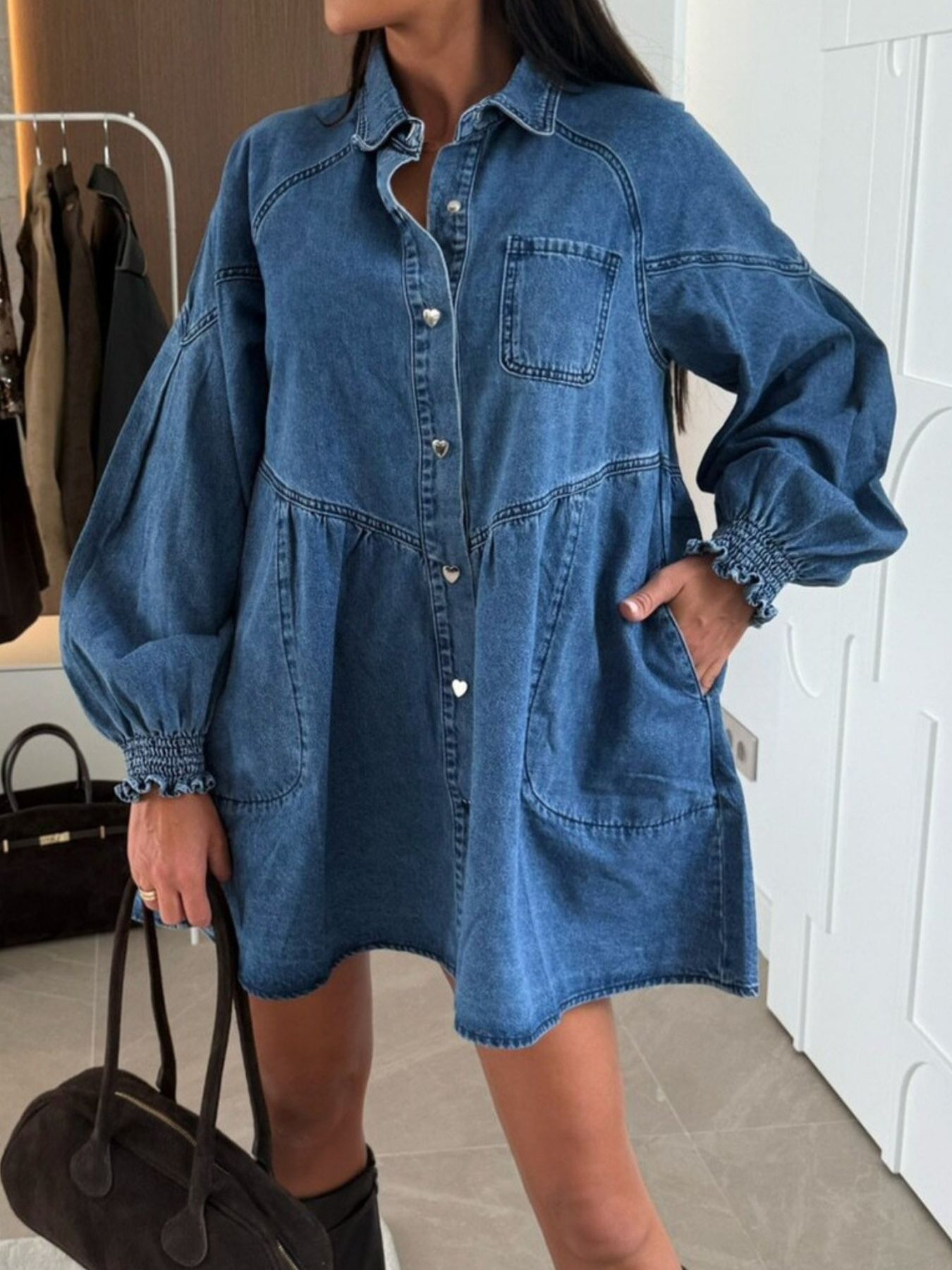 Button Down Mini Denim Dress with Front Pockets