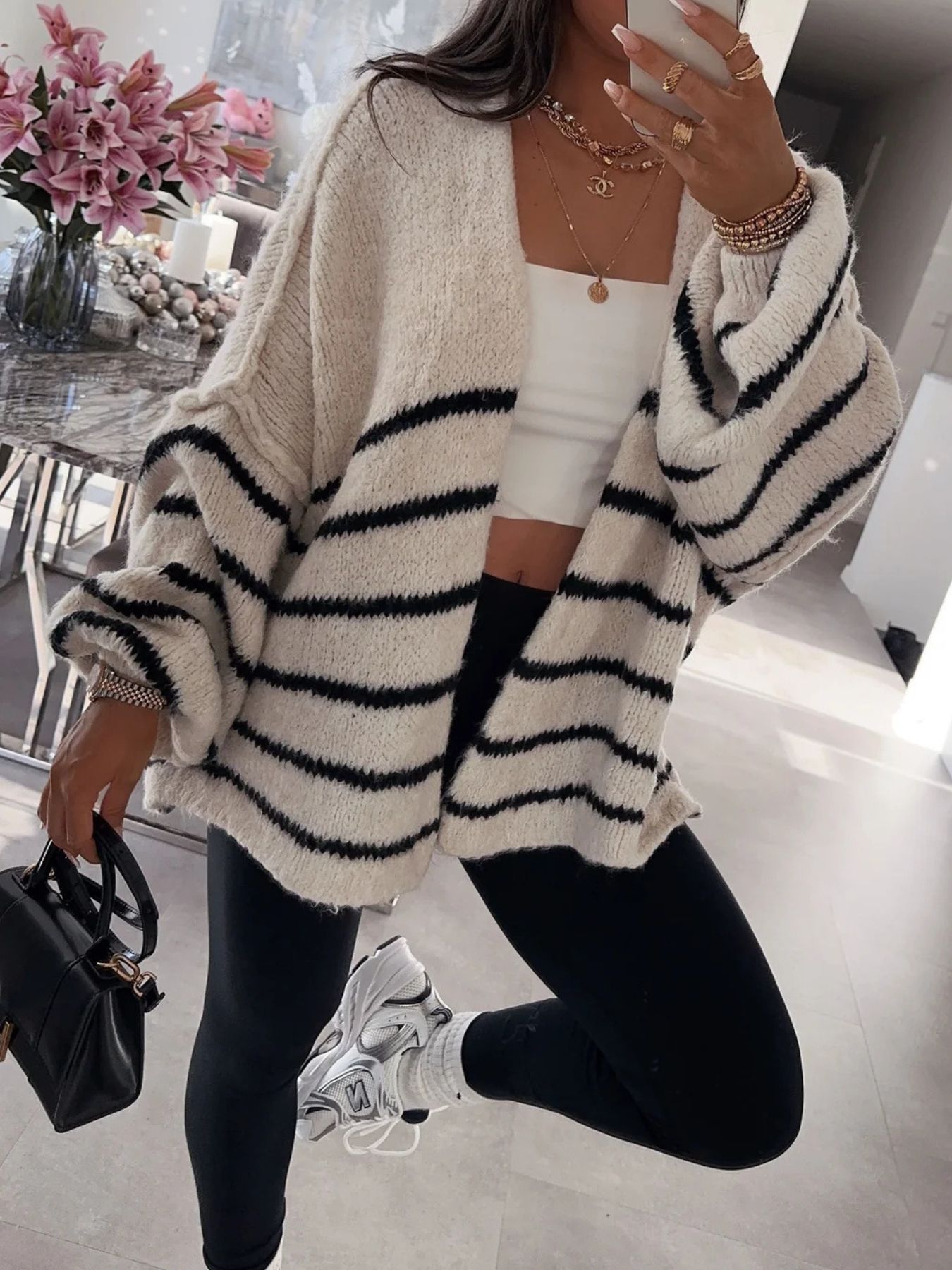Striped Open Front Dropped Shoulder Cardigan