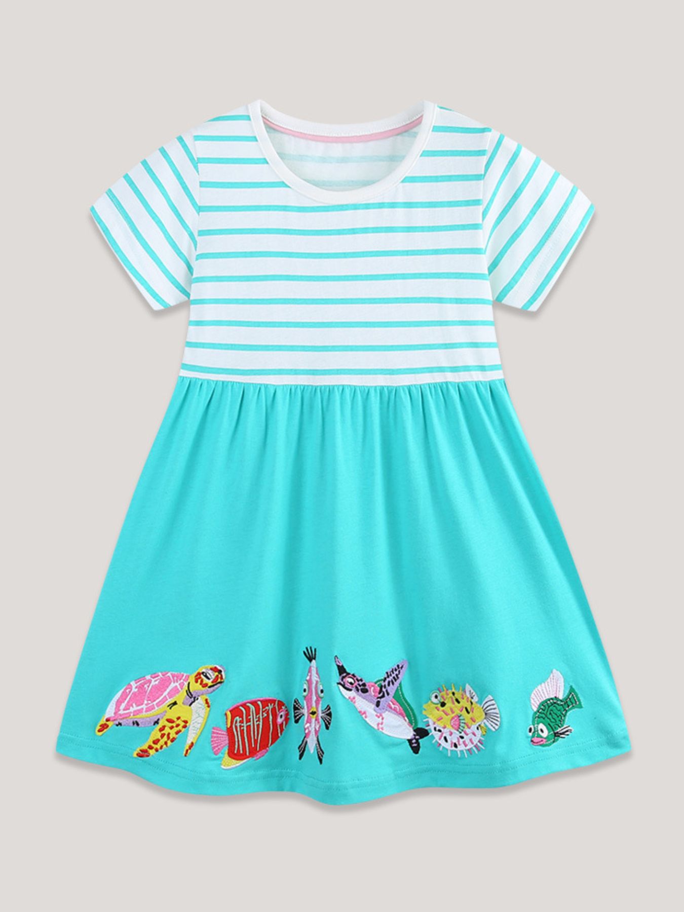 Children's Striped Turtle and Fish Embroidered Dress 2