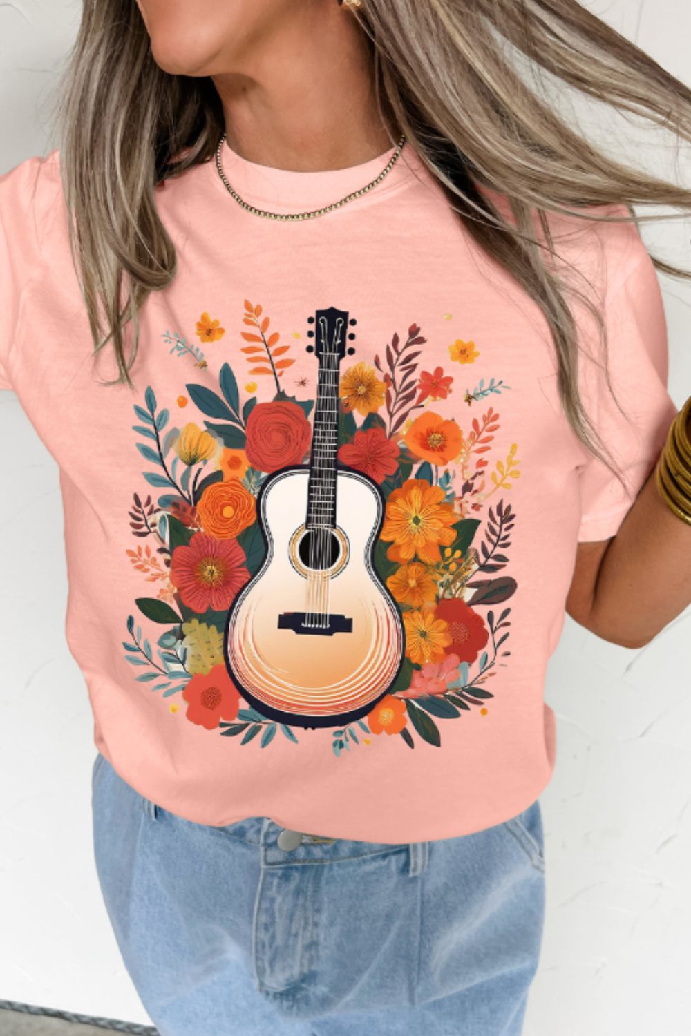 Guitar Flower Print Crew Neck Loose T Shirt