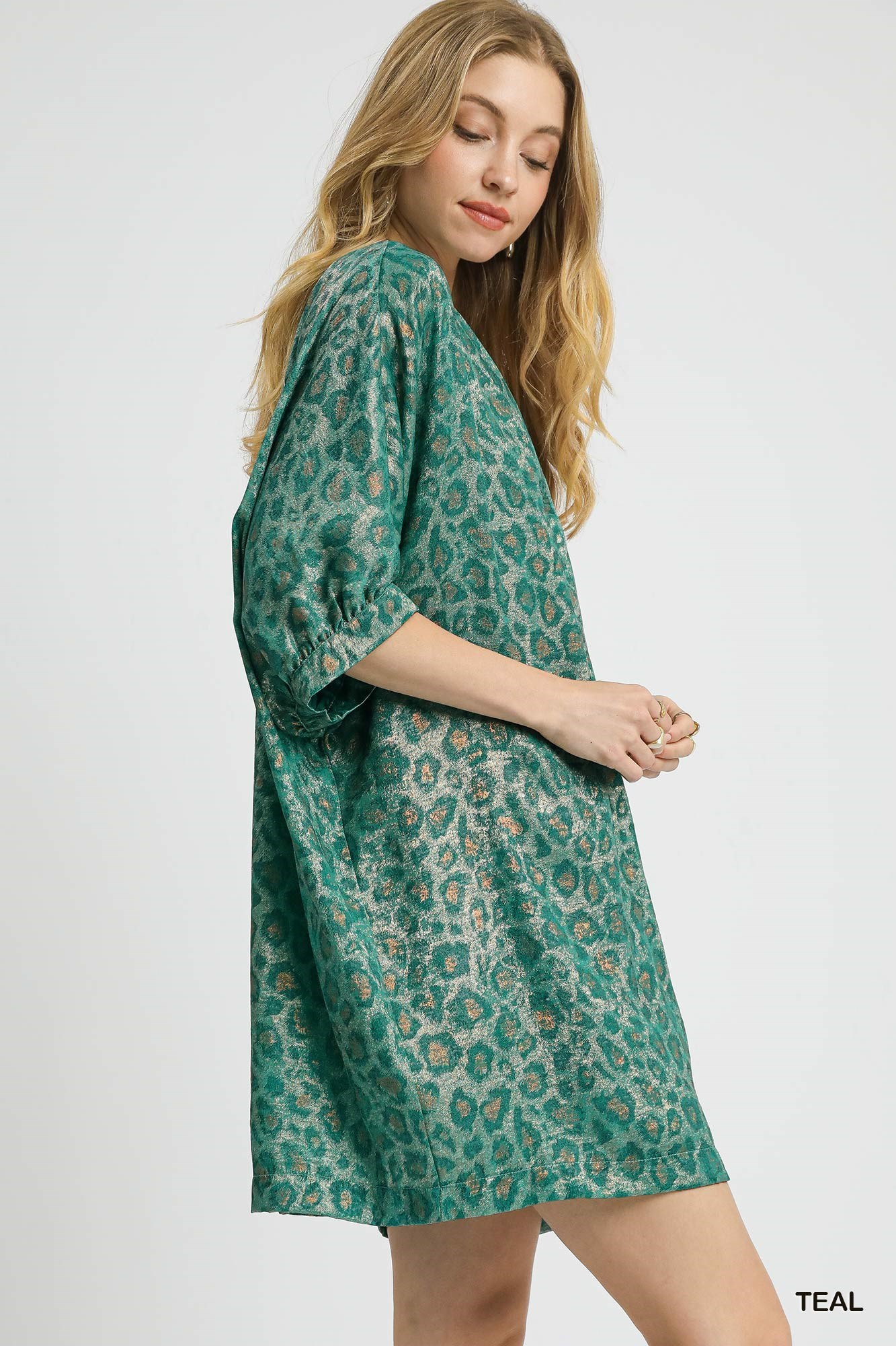 Umgee Metallic Leopard Print V-Neck Kimono Dress