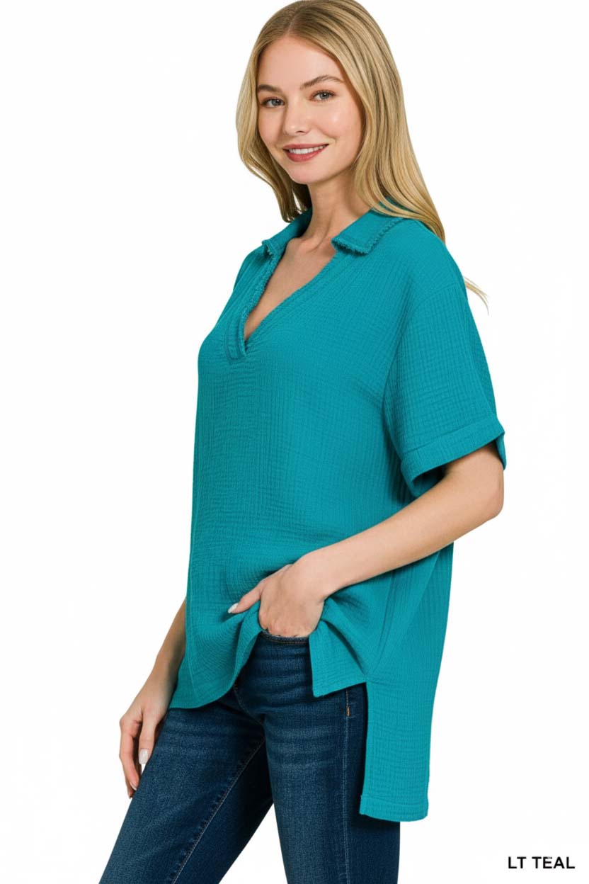 Double Gauze Short Sleeve High-Low Top