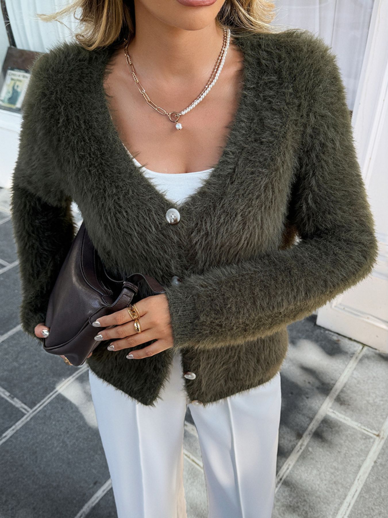 Fuzzy Knit Button-Up Cardigan