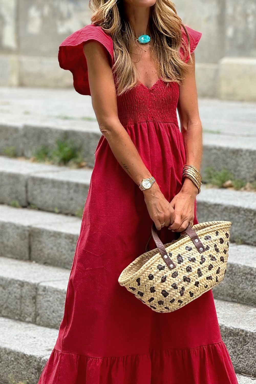 Smocked Tiered Cap Sleeve Maxi Dress