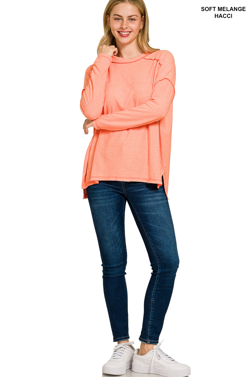 Full Size Melange Hacci Exposed Seam Hi-low Tee Plus Size