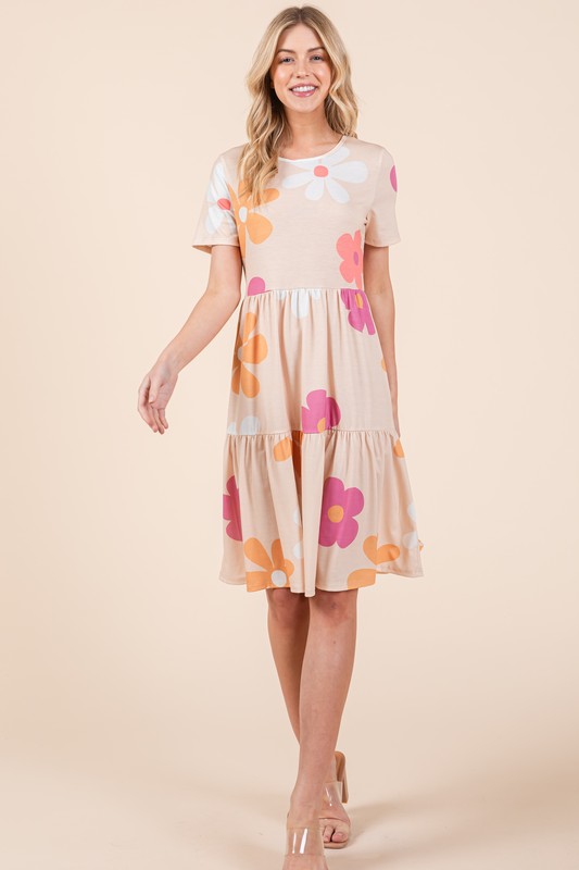 Floral Round Neck Short Sleeve Tiered Dress