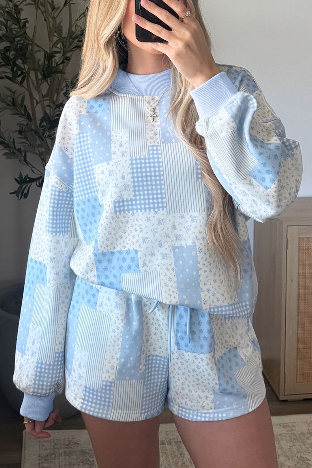 Patchwork Floral Print Stand Neck Long Sleeve Two-piece Outfit Plus Size Set