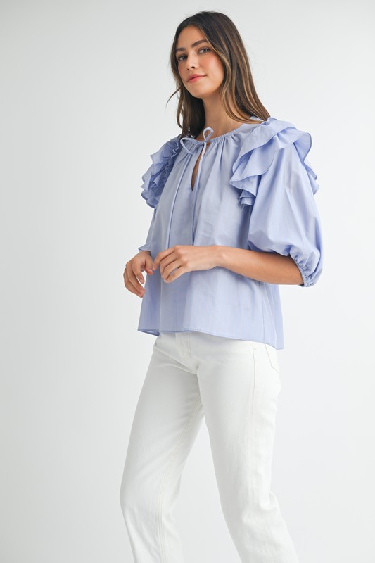 Stripe Ruffle Shoulder Puff Sleeve Blouse