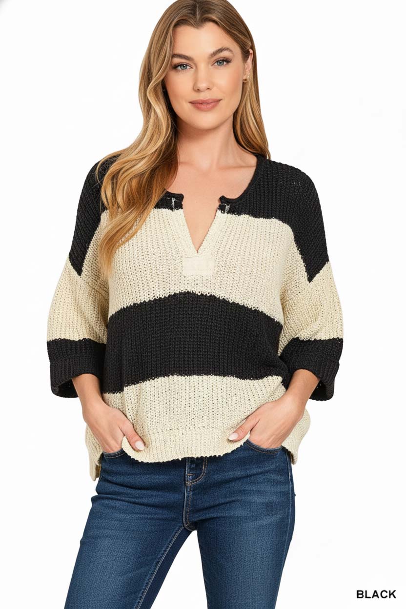 Split Neck Stripe Sweater