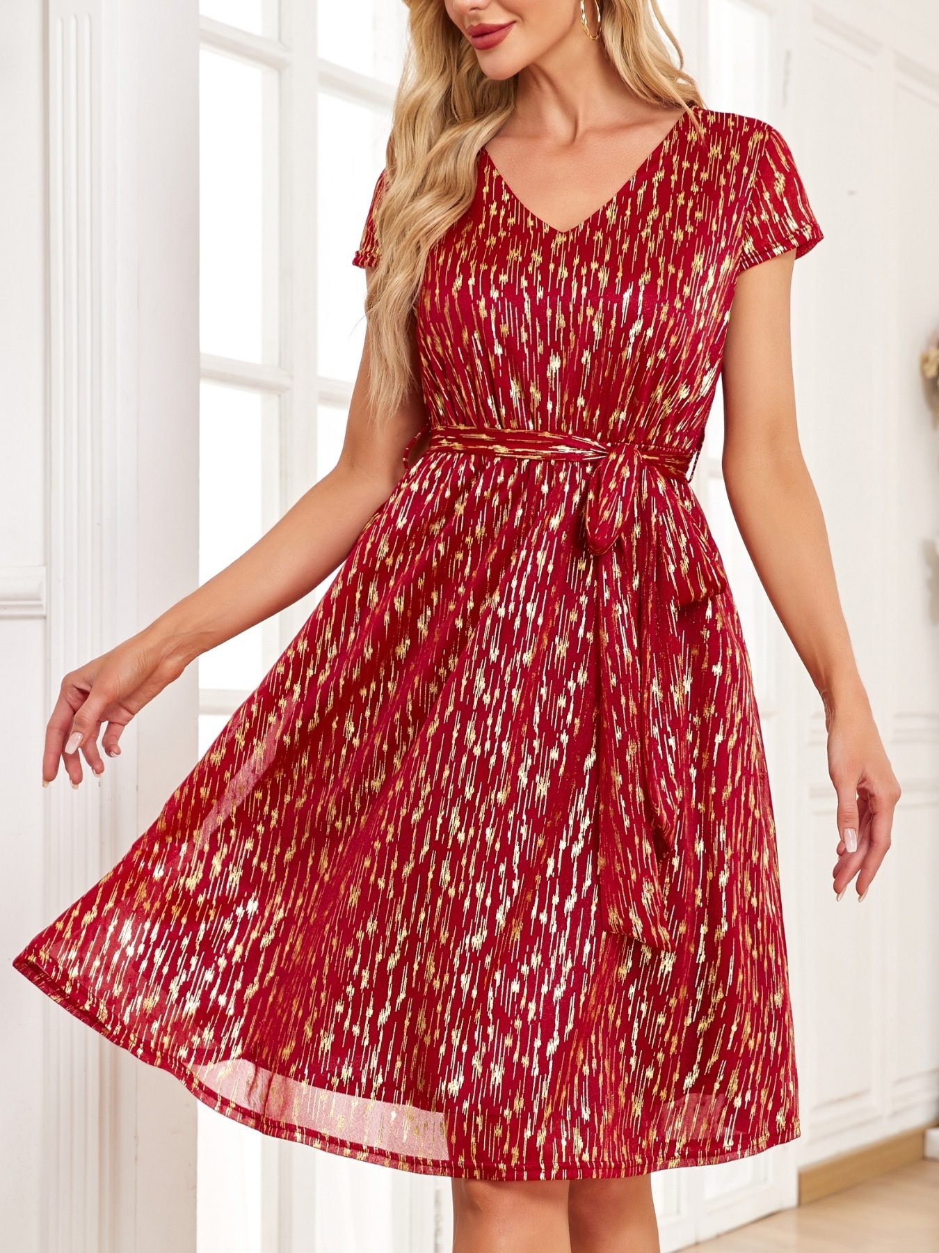 V-Neck Metallic Print Dress