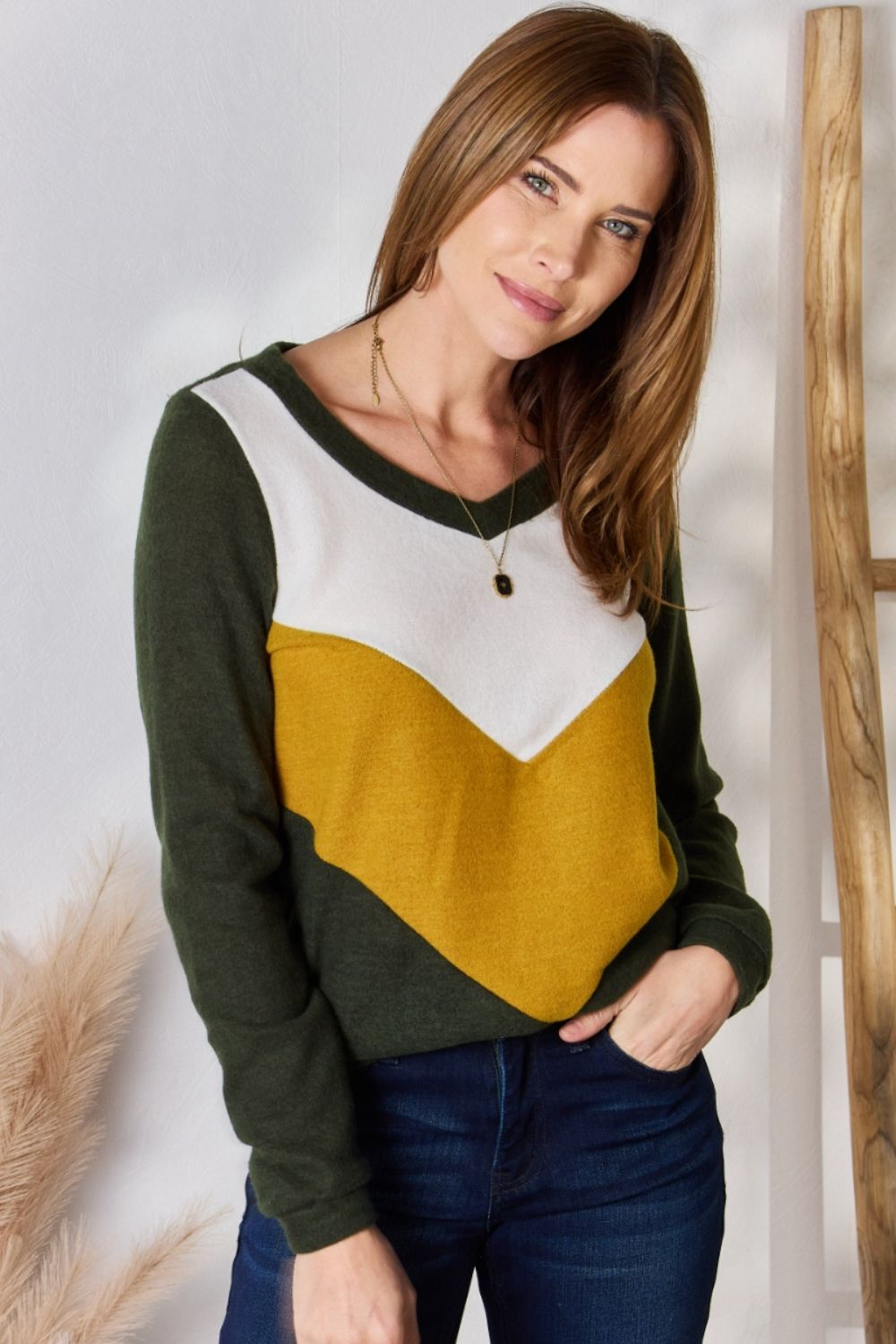 Full Size Colorblock V-Neck Blouse