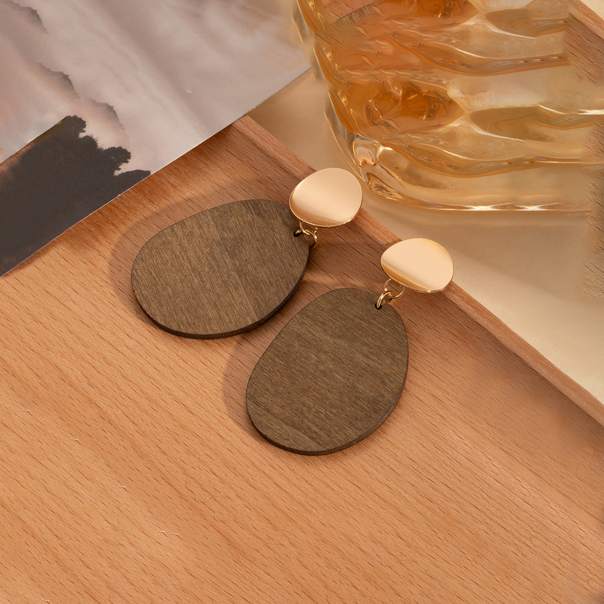 18K Gold-Plated Geometric Wood Drop Earrings