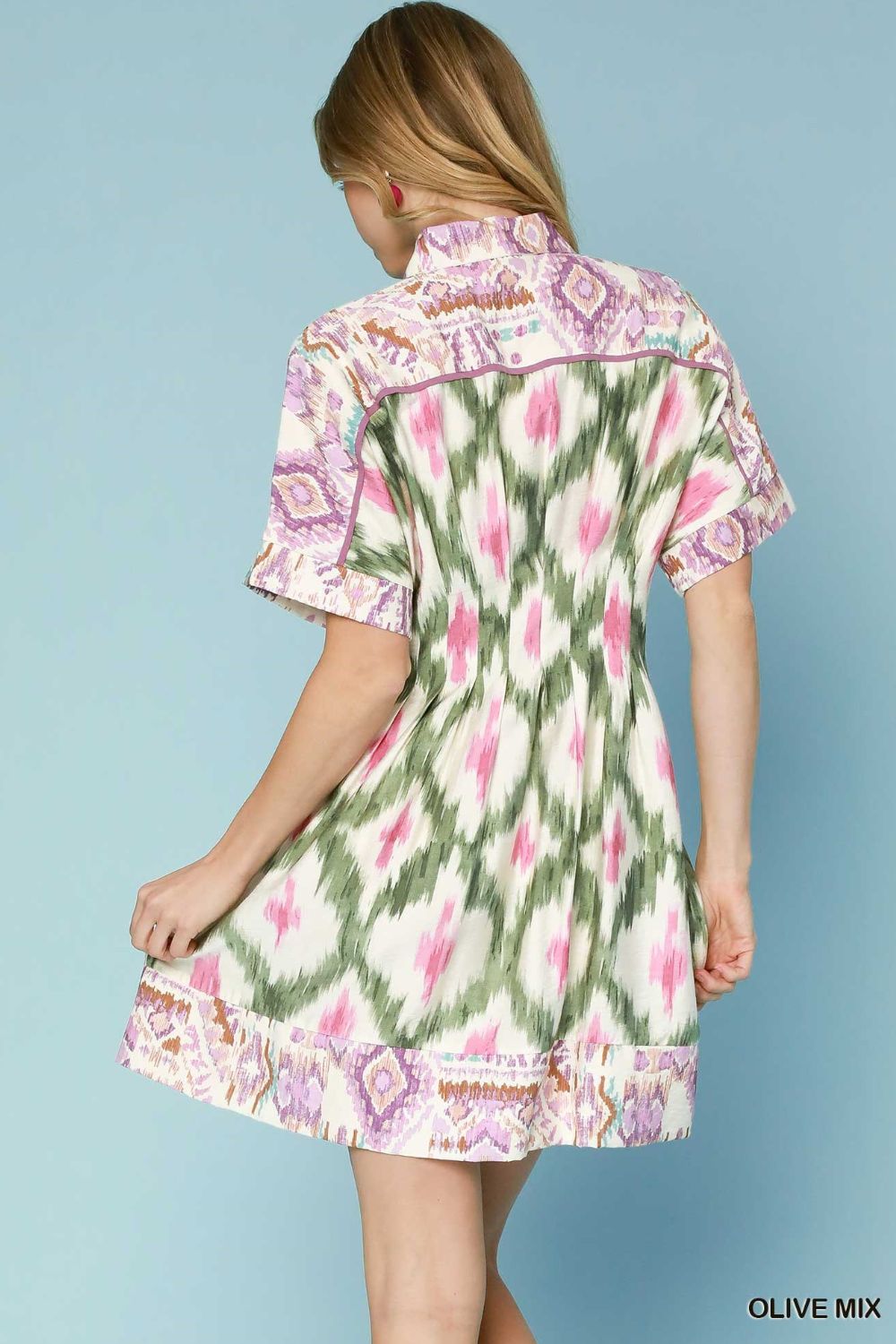 Umgee Ethnic Print Short Sleeve Mini Shirt Dress