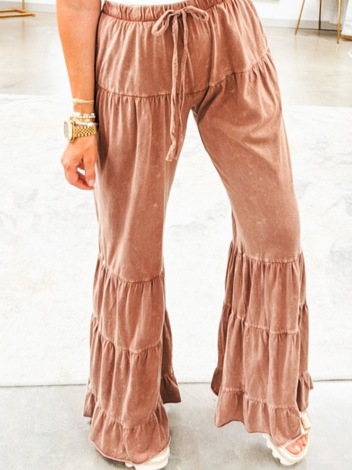 Drawstring Flare Ruffle Pants