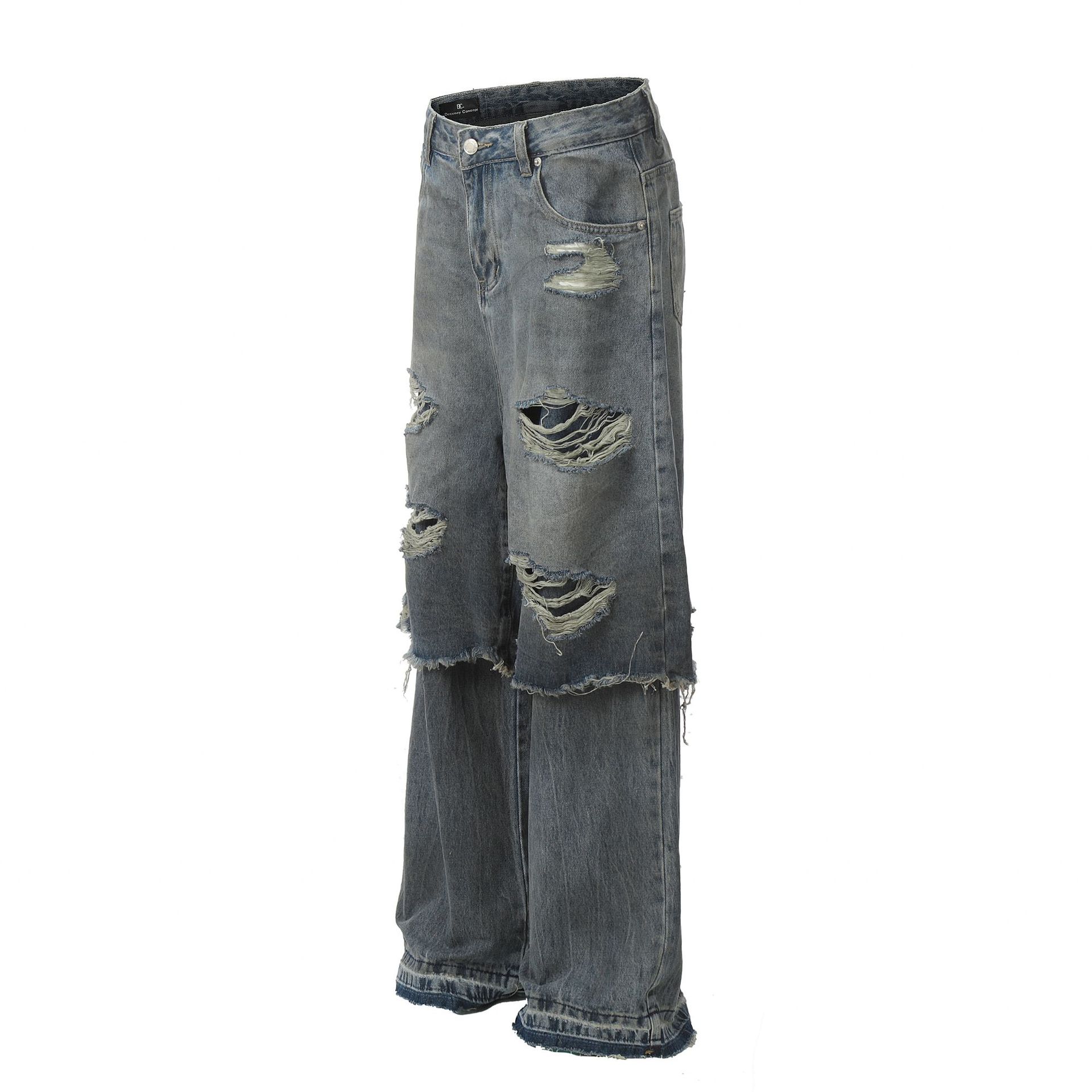 Men's Distressed Wide Leg Layered Denim Jeans