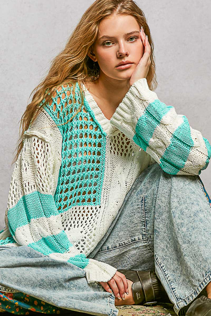 Color-Blocked Stripe Pattern Knit Top with Twisted Weave