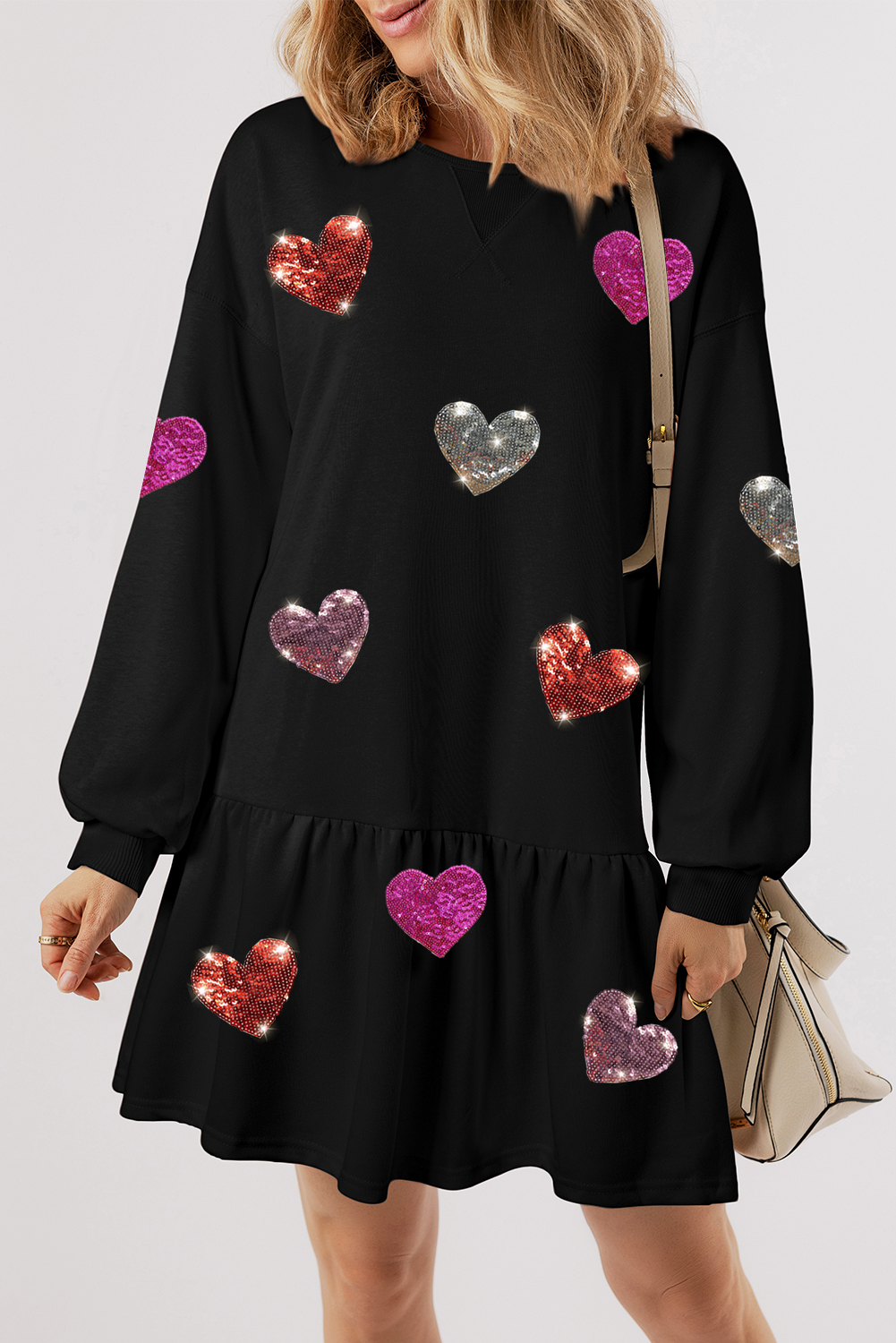 Sequin Heart Round Neck Long Sleeve Mini Dress view 6