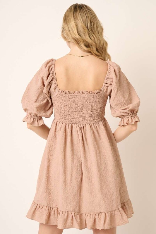 Smocked Ruffled Hem Half Sleeve Mini Dress