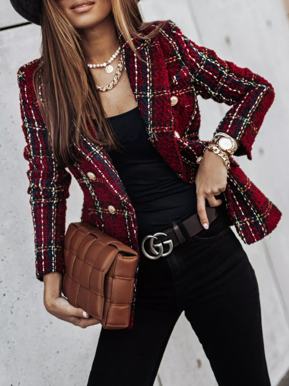 Full Size Plaid Tweed Double-Breasted Blazer Plus Size