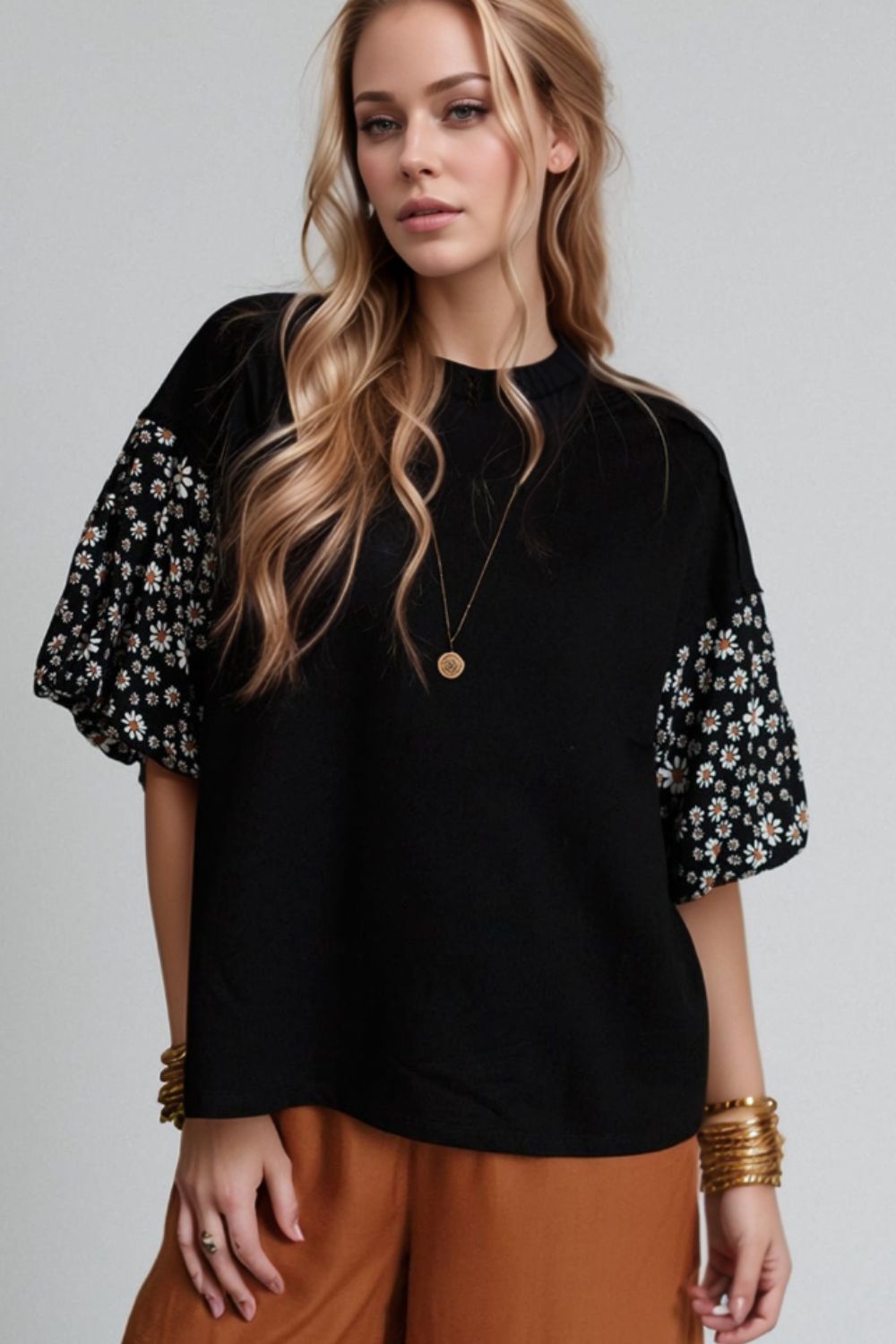 Contrast Floral Puff Sleeve Oversized Top