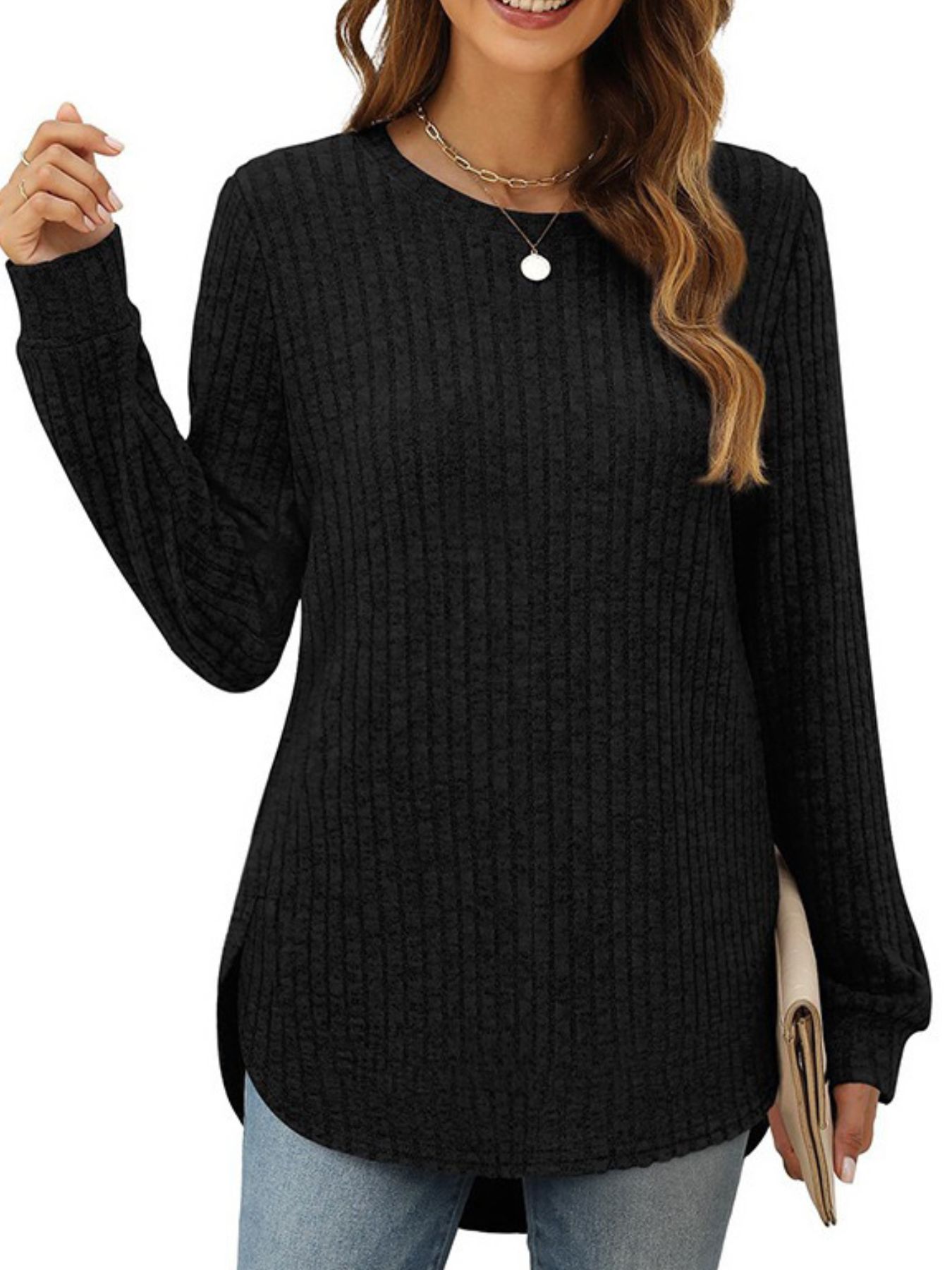 Ribbed Texture Round Neck Long Sleeve Rounded Hem Knit Top