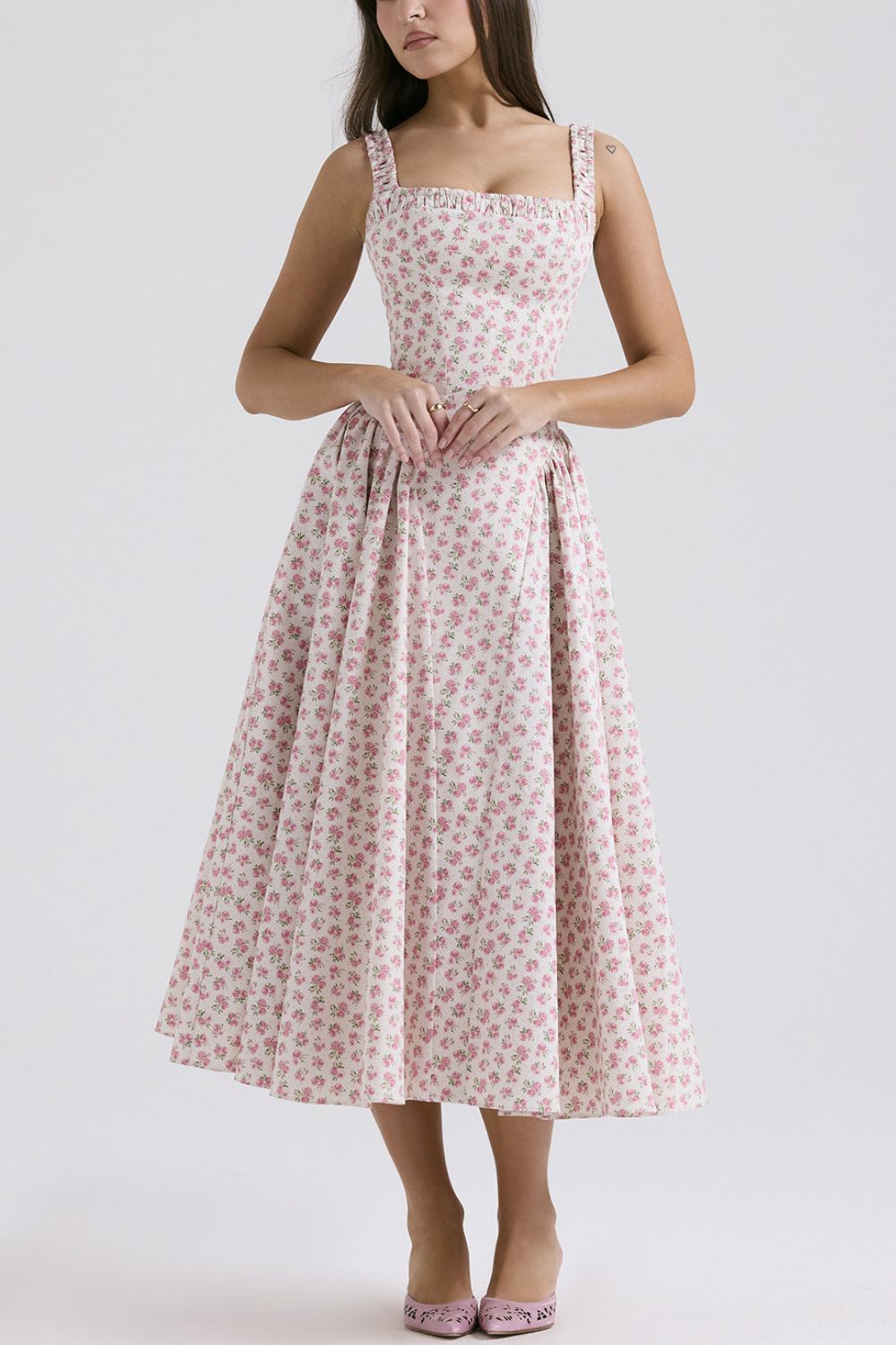 Floral Square Neck Wide Strap Midi Dress