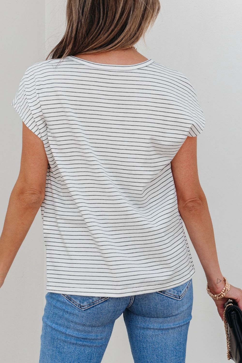 Stripe Cap Sleeve Crew Neck Casual Tee with Chest Pocket