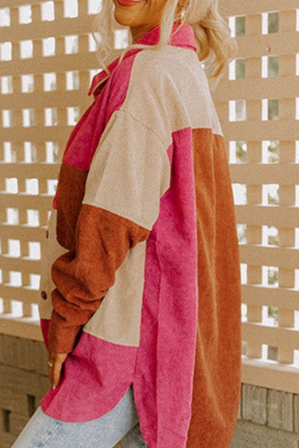 Color Block Curved Hem Corduroy Shacket with Pocket