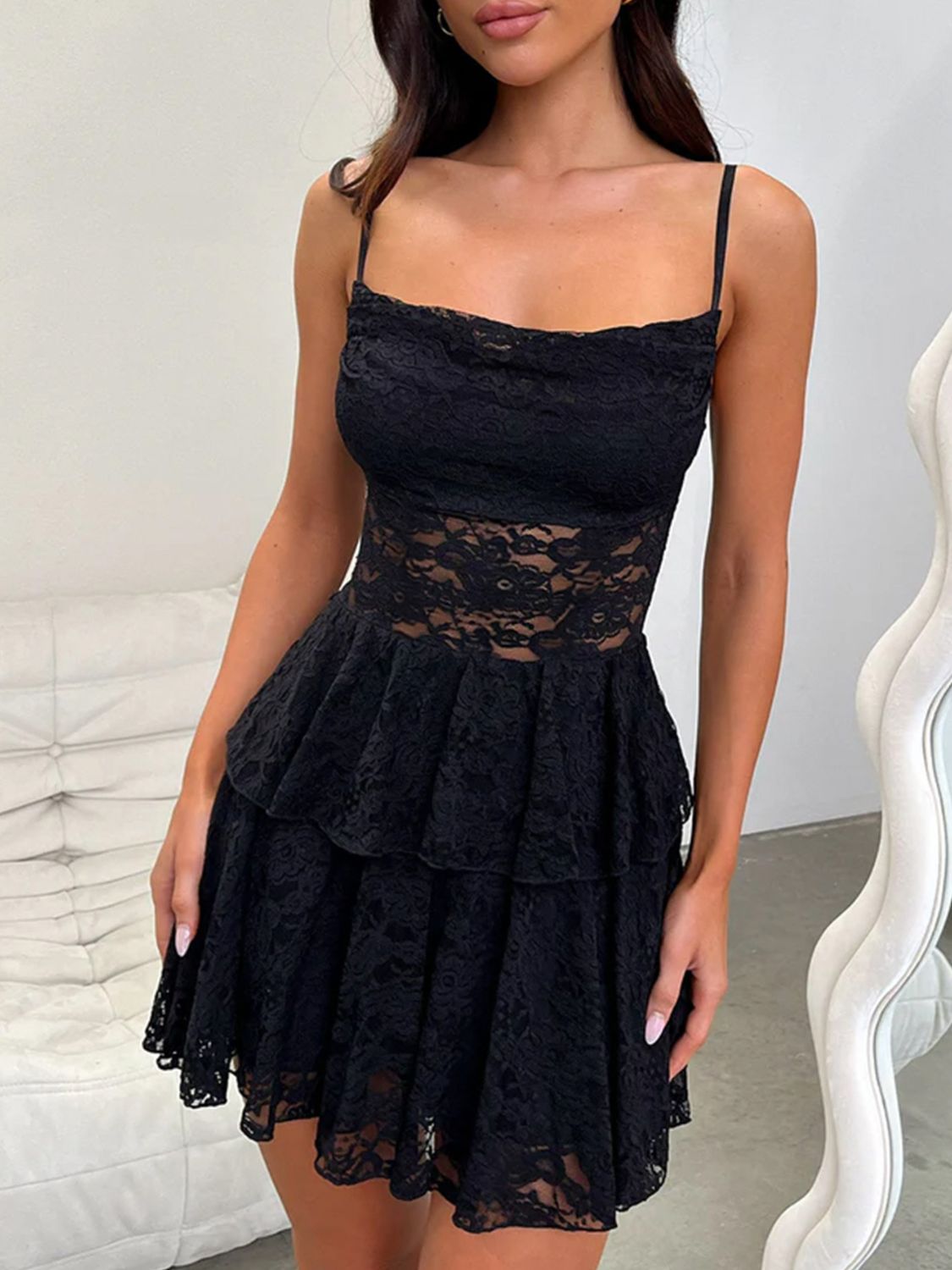 Devine Lace-Up Layered Lace Mini Cami Dress 1