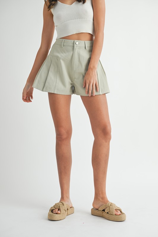 Pleated High Waist Twill Shorts