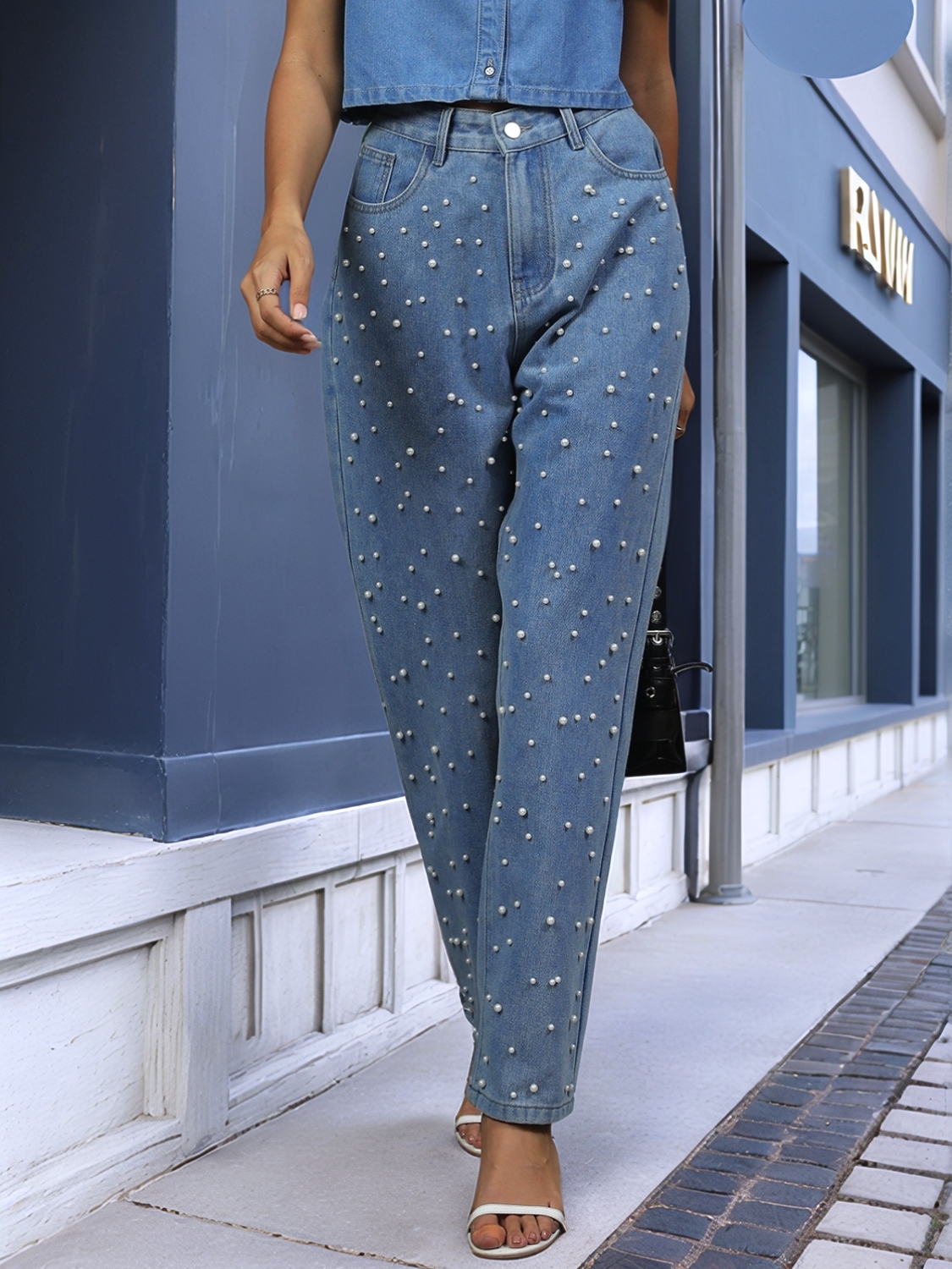 Pearl Detail Jeans with Pockets