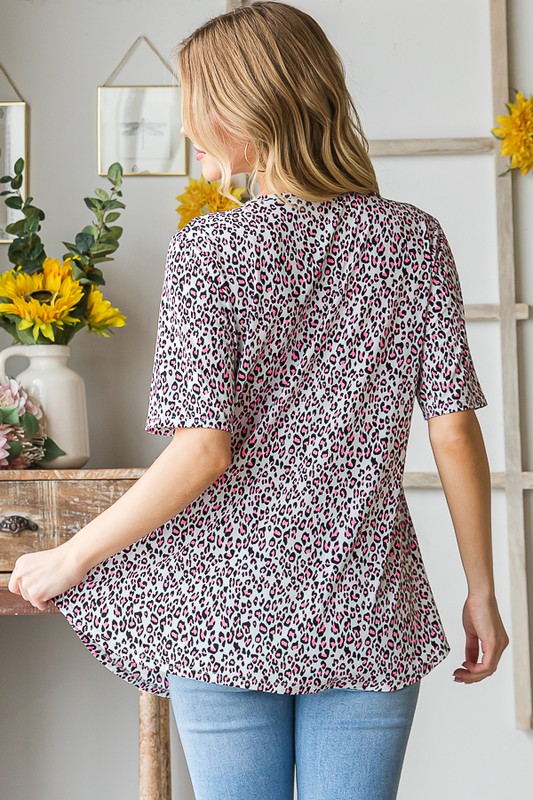 Full Size Short Sleeve Crisscross Animal Babydoll Top Plus Size