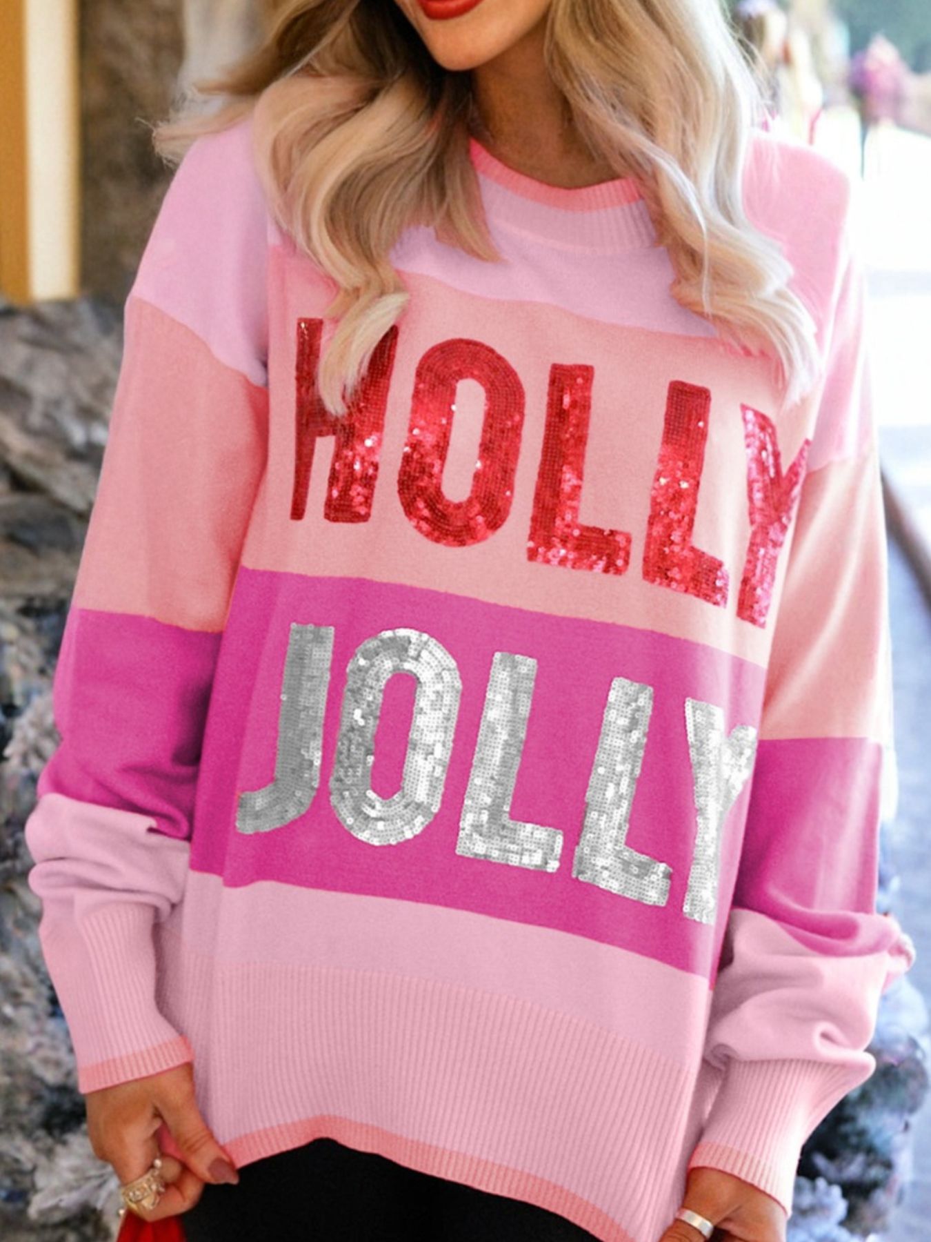 Sequined HOLLY JOLLY Color Block Crew Neck Sweater