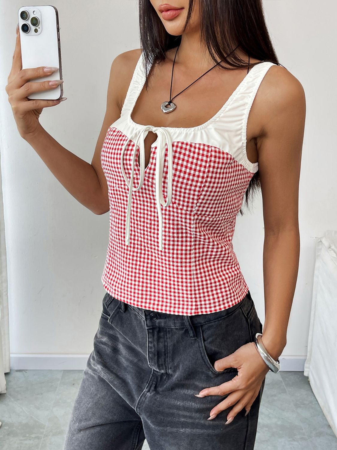 Contrast Plaid Square Neck Tank