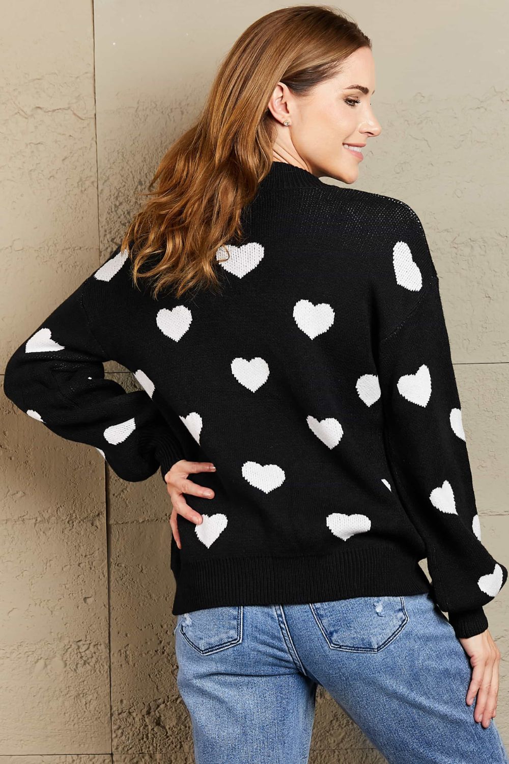 Heart Pattern Lantern Sleeve Round Neck Tunic Sweater