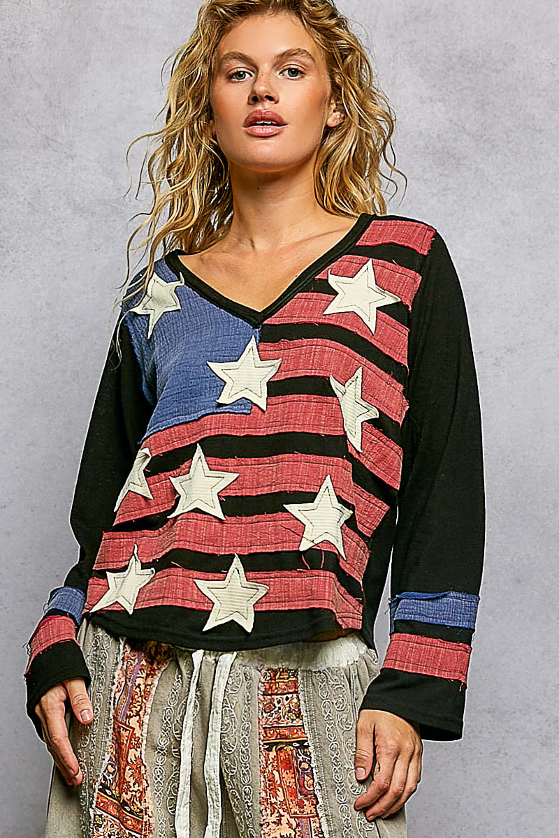 Double Gauze American Flag Patch V-Neck Long Sleeve T-Shirt