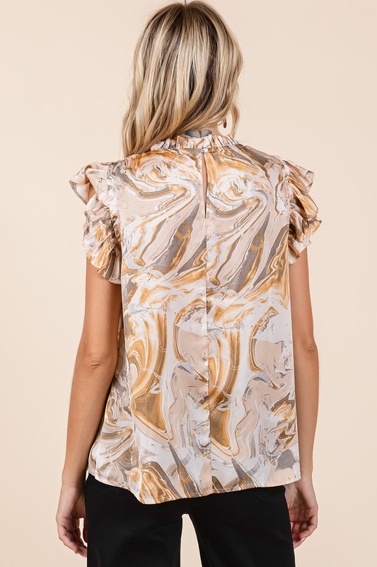 Abstract Print Ruffle Short Sleeve Satin Top