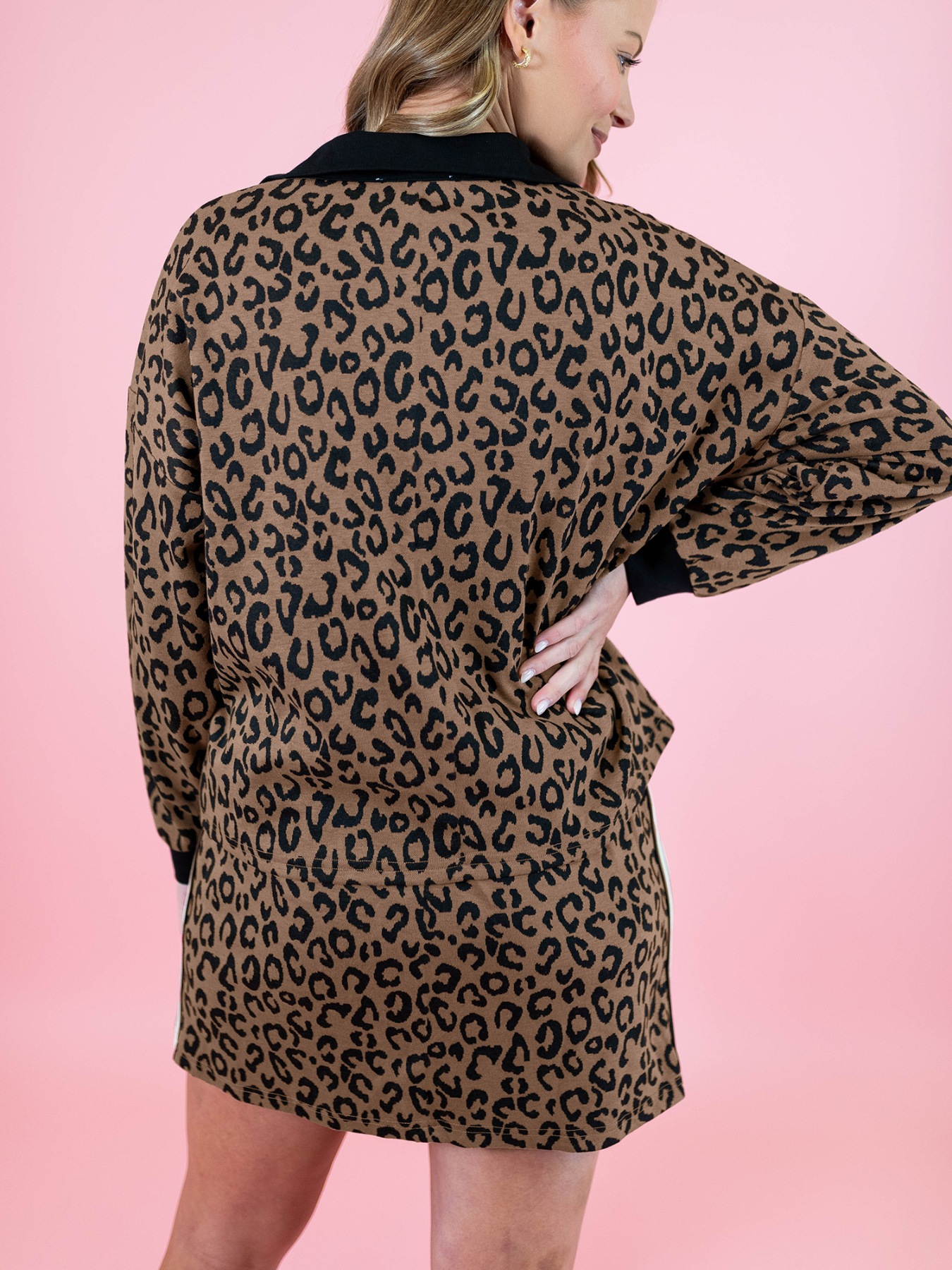 Leopard Print Half Zip Pullover & Drawstring Skirt Set