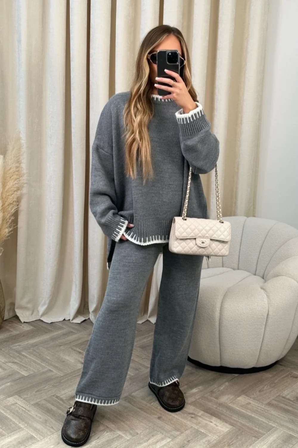 Contrast Trim Round Neck Top and Pants Sweater Set