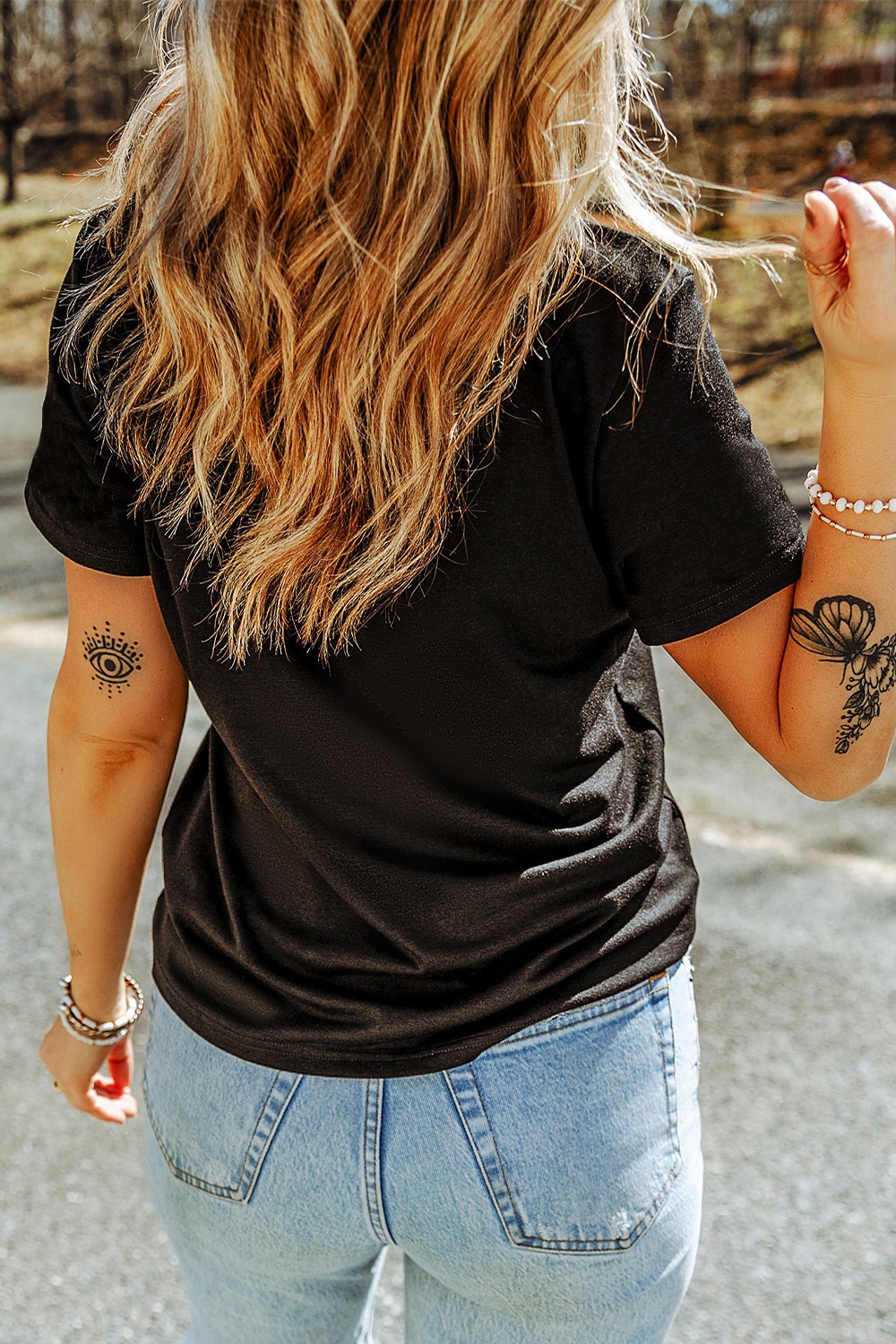 Bow Rhinestone Round Neck T-Shirt