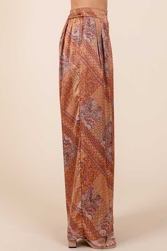 Paisley Patchwork Print Satin Wide Leg Pants