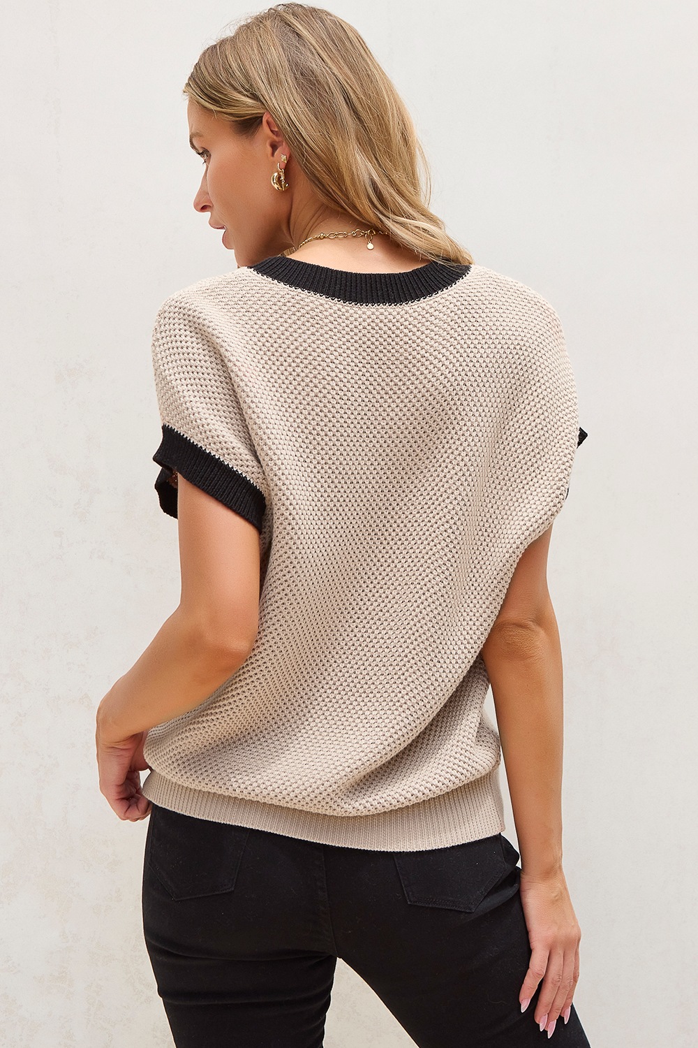 Textured Knit Sweater with Contrast Trim Details