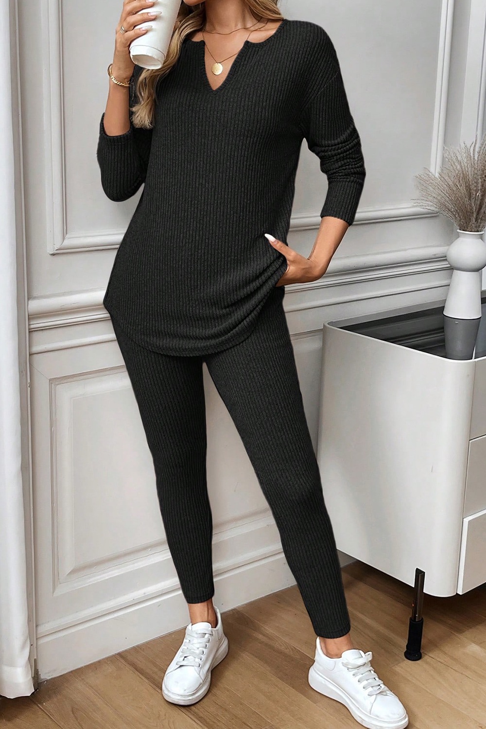 Notched Long Sleeve Top and Pants Set